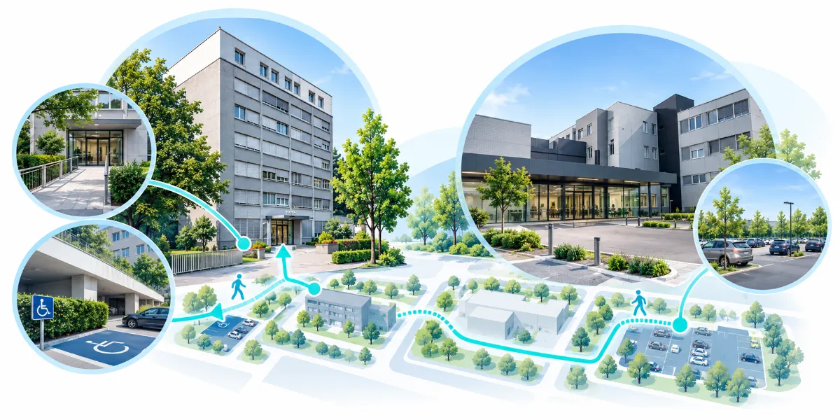 Plan illustré : à gauche, le bâtiment Le Corjon, son entrée avec rampe d’accès et la place de stationnement adaptée ; à droite, l’Hôpital de Nyon et son parking, relié au Corjon par un chemin piéton.